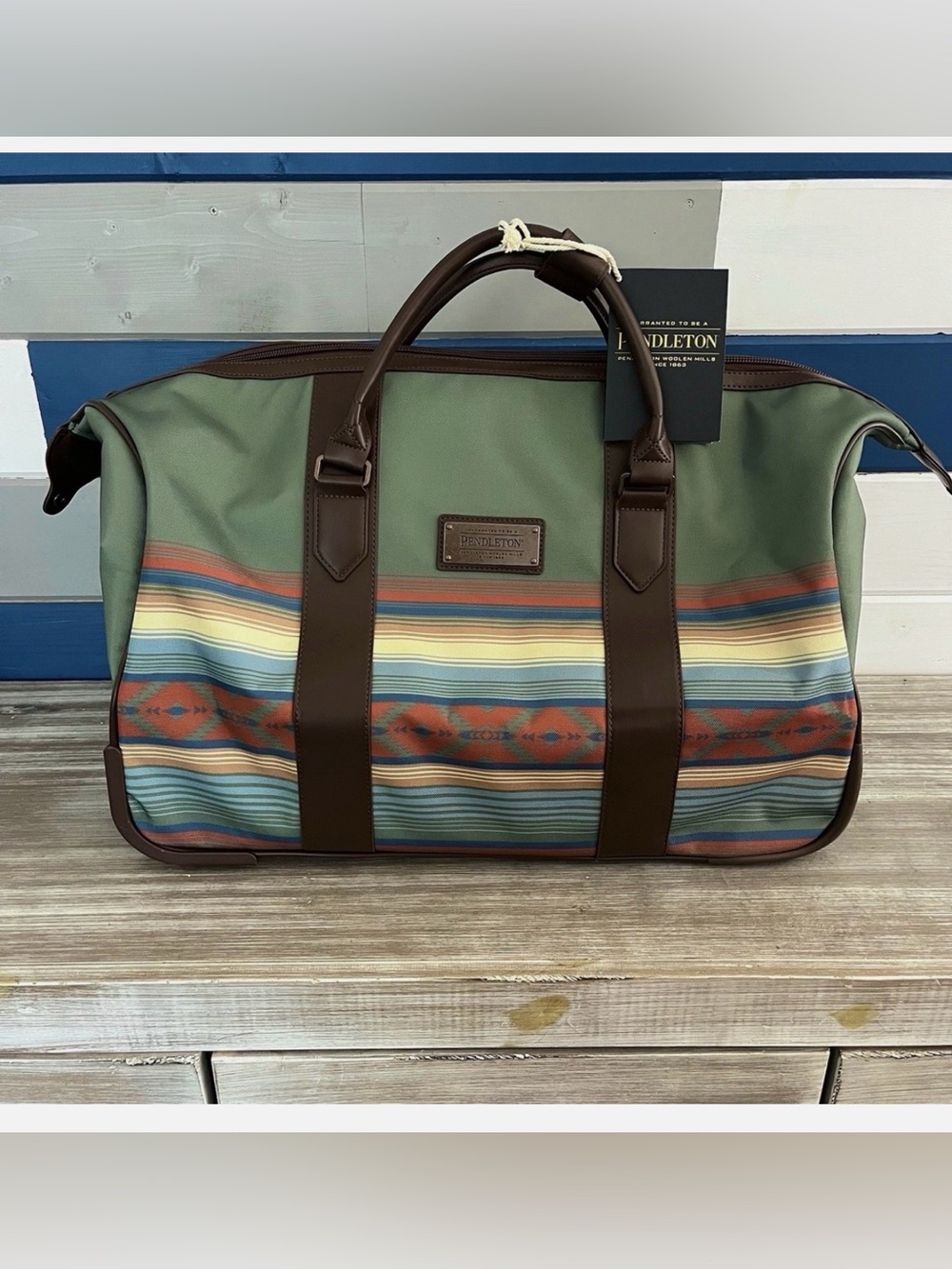 Pendleton Southwest Print Roller Duffle Bag Luggage Green Vegan Leather.